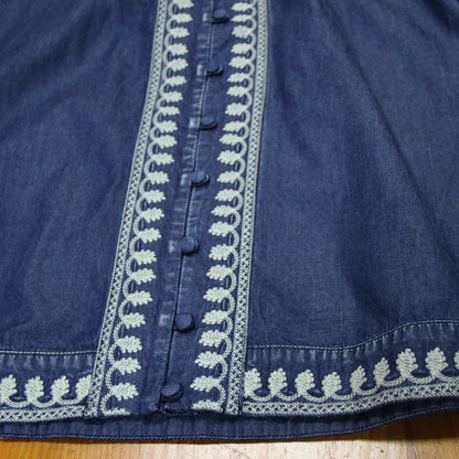 Lantern Sleeve  Summer Denim  Casual  Deep V  Embroidery  Loose  Vintage  Maxi Boho Dress