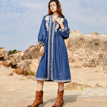 Lantern Sleeve  Summer Denim  Casual  Deep V  Embroidery  Loose  Vintage  Maxi Boho Dress