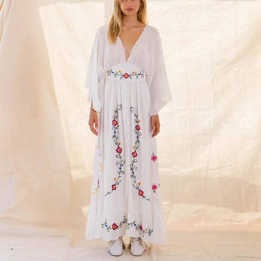 Long Sleeve Deep V-neck Maxi Women Vintage Rayon Embroidered White Autumn Vestidos 2024 Casual Long Robe Boho Dress