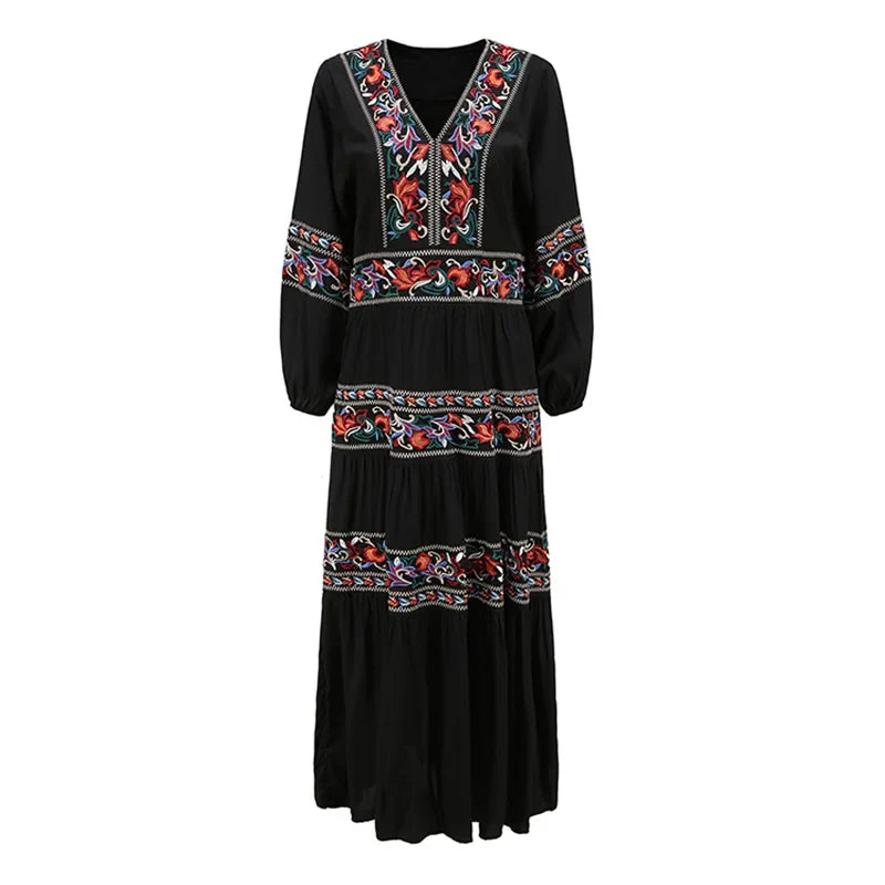 Long Sleeve  V Neck  Maxi  Spring  Autumn  Ethnic  Floral Embroidery  Party  Cotton Boho Dress