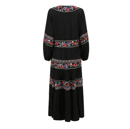 Long Sleeve  V Neck  Maxi  Spring  Autumn  Ethnic  Floral Embroidery  Party  Cotton Boho Dress