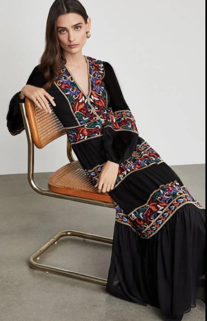 Long Sleeve  V Neck  Maxi  Spring  Autumn  Ethnic  Floral Embroidery  Party  Cotton Boho Dress