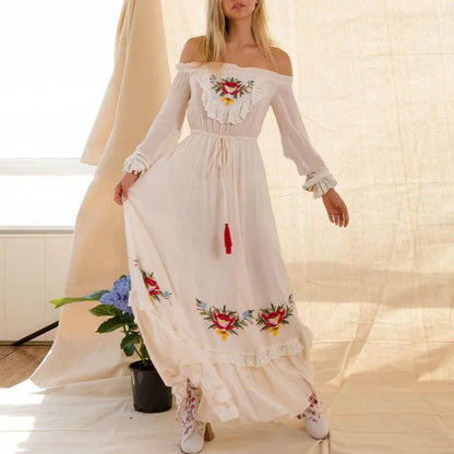 Off The Shoulder Long Sleeve Maxi Women Vintage White Embroidery Lace Autumn Vestidos Casual Tassel Long Robe Boho Dress