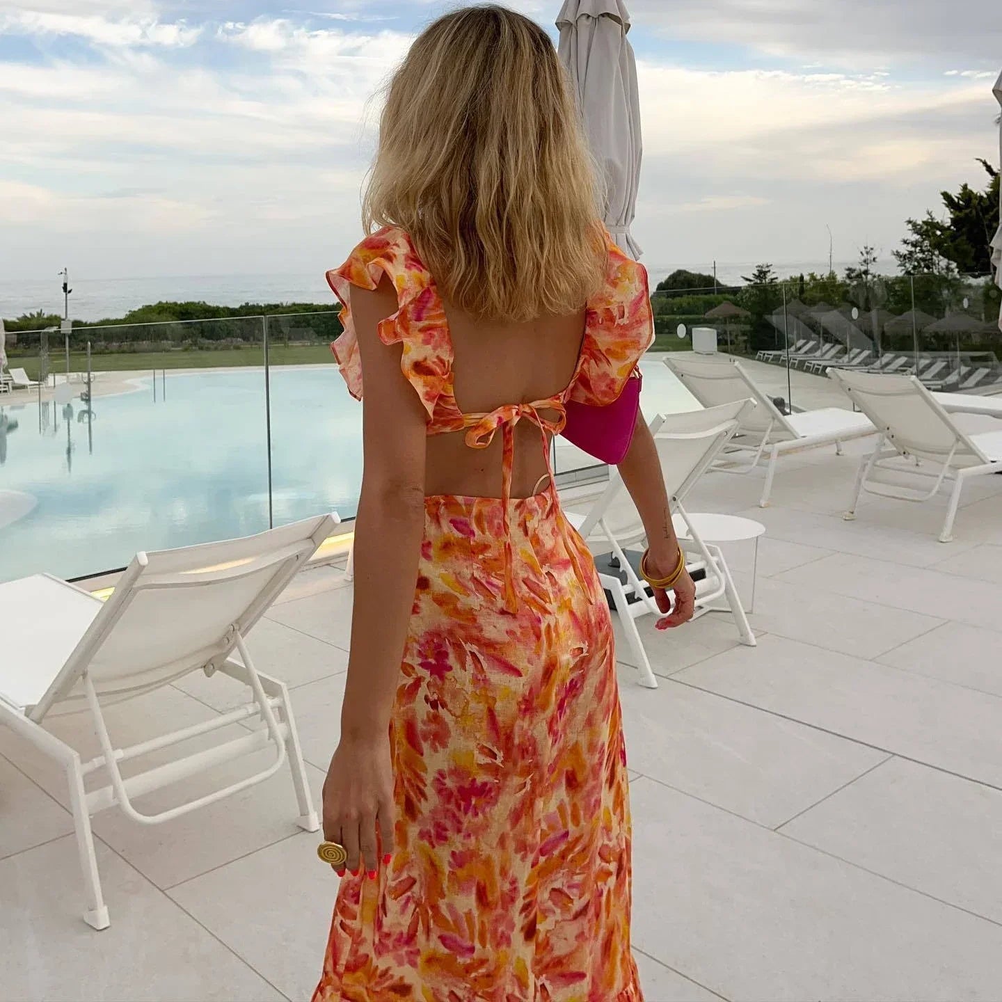 Orange  Floral Printed  Maxi  Women  Sexy  Backless  Deep V Neck  Waistless  Long  Summer  Ruffles  Beach Boho Dress