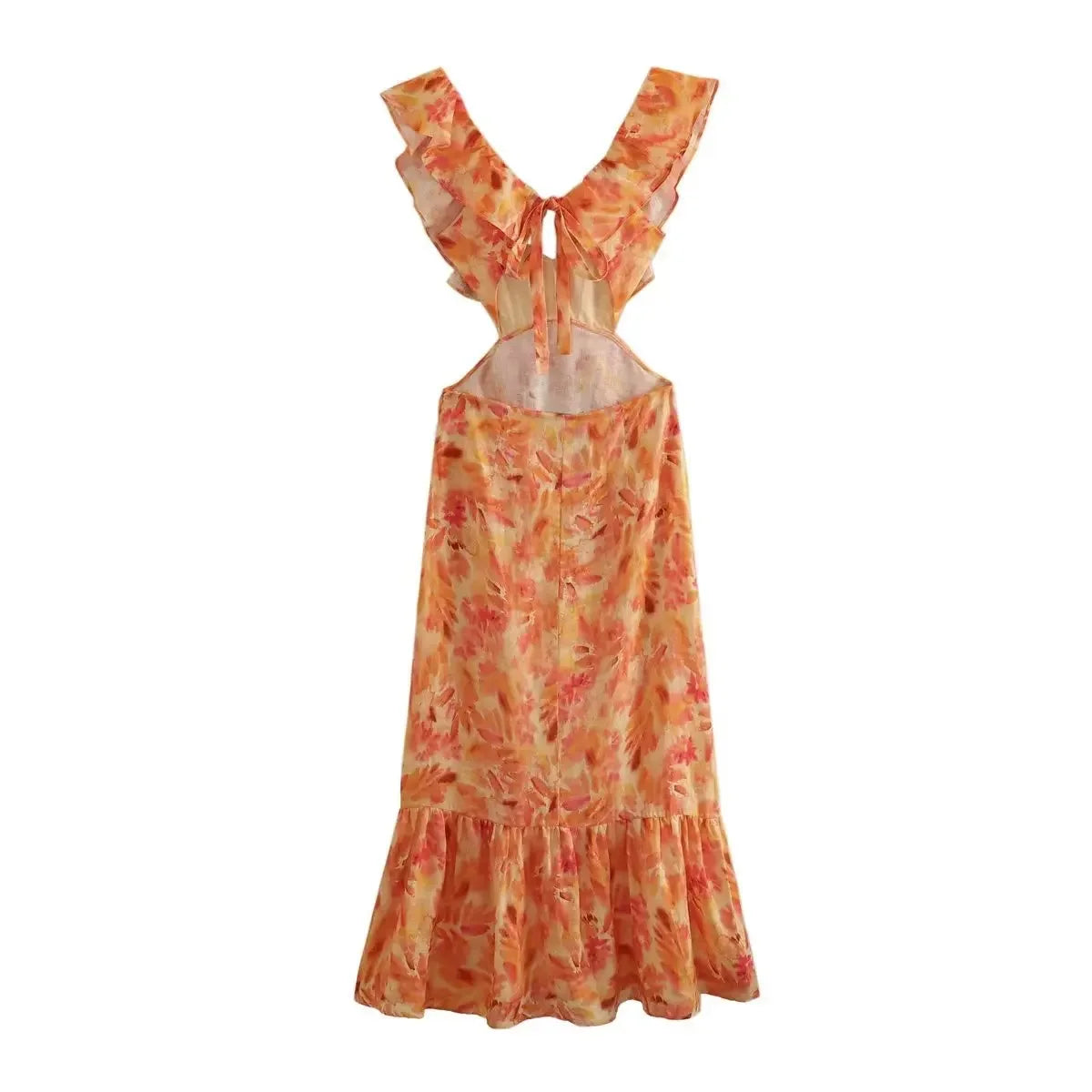 Orange  Floral Printed  Maxi  Women  Sexy  Backless  Deep V Neck  Waistless  Long  Summer  Ruffles  Beach Boho Dress