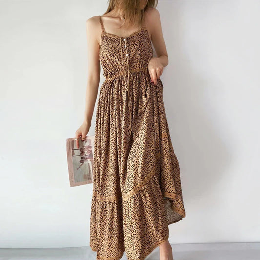 Rayon  Leopard Print  Long Strap  Vintage  Sleeveless  Drawstring Waist  Summer  Beach Boho Dress