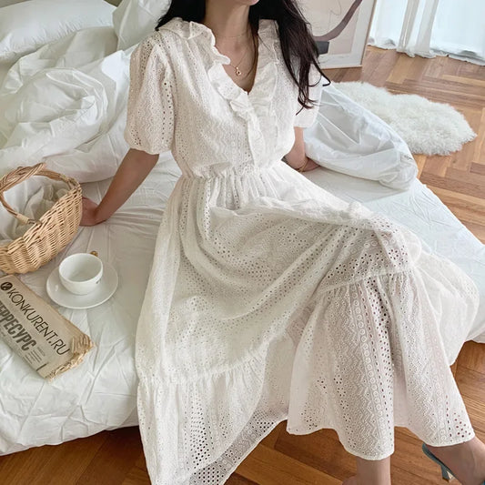 Ruffle V-Neck Puff Sleeve Women Cotton White Hollow Out Embroidered Long Robe Female Vestidos 2024 Boho Dress