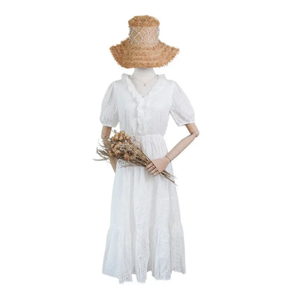 Ruffle V-Neck Puff Sleeve Women Cotton White Hollow Out Embroidered Long Robe Female Vestidos 2024 Boho Dress