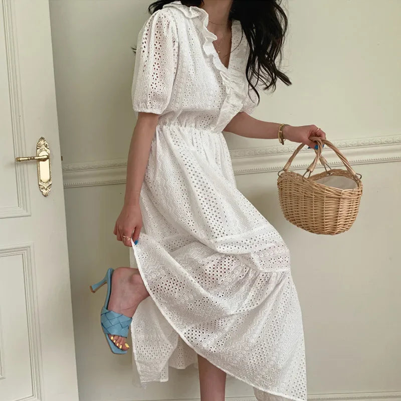 Ruffle V-Neck Puff Sleeve Women Cotton White Hollow Out Embroidered Long Robe Female Vestidos 2024 Boho Dress