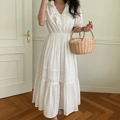 Ruffle V-Neck Puff Sleeve Women Cotton White Hollow Out Embroidered Long Robe Female Vestidos 2024 Boho Dress