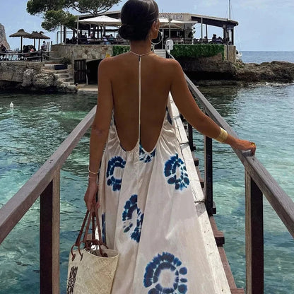 Sexy  Backless  Sleeveless  Deep V Neck  Strap  Women  Robe  Print  Summer  Beach  Oversize  Loose  Vestidos Boho Dress