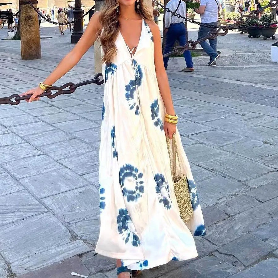 Sexy  Backless  Sleeveless  Deep V Neck  Strap  Women  Robe  Print  Summer  Beach  Oversize  Loose  Vestidos Boho Dress