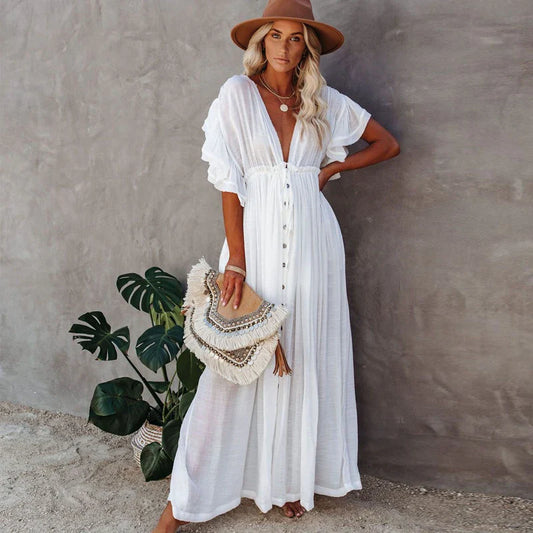 Sexy  Deep V Neck  Maxi  Women  Backless  White Cotton  Summer  Ruffles  2024  Casual  Beach  Bikini Cover Up  Boho Dress