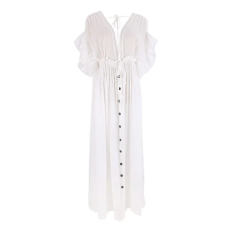 Sexy  Deep V Neck  Maxi  Women  Backless  White Cotton  Summer  Ruffles  2024  Casual  Beach  Bikini Cover Up  Boho Dress