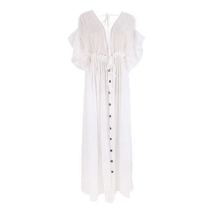 Sexy  Deep V Neck  Maxi  Women  Backless  White Cotton  Summer  Ruffles  2024  Casual  Beach  Bikini Cover Up  Boho Dress