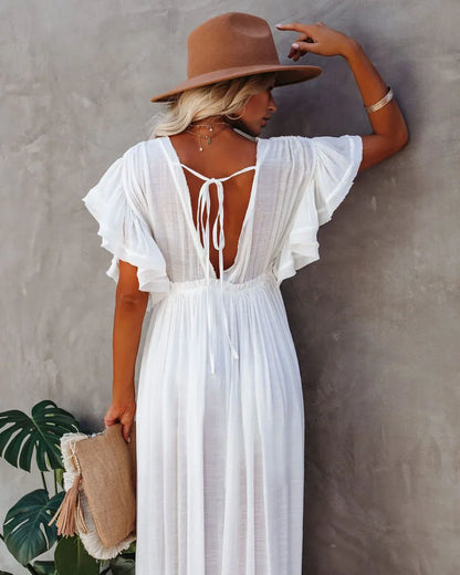 Sexy  Deep V Neck  Maxi  Women  Backless  White Cotton  Summer  Ruffles  2024  Casual  Beach  Bikini Cover Up  Boho Dress