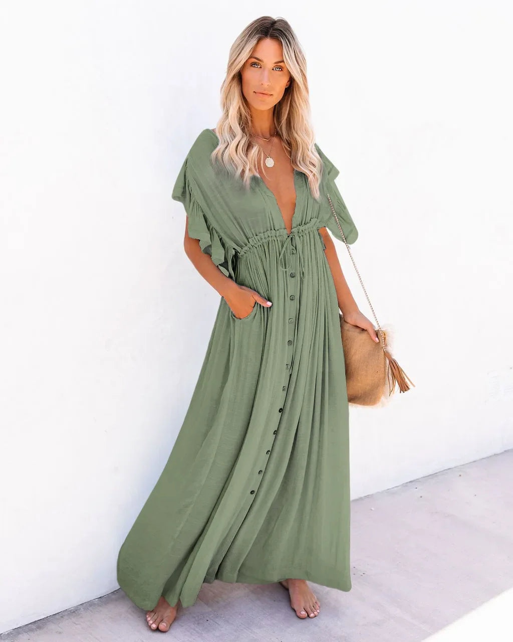 Sexy  Deep V Neck  Maxi  Women  Backless  White Cotton  Summer  Ruffles  2024  Casual  Beach  Bikini Cover Up  Boho Dress