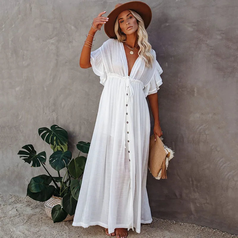 Sexy  Deep V Neck  Maxi  Women  Backless  White Cotton  Summer  Ruffles  2024  Casual  Beach  Bikini Cover Up  Boho Dress