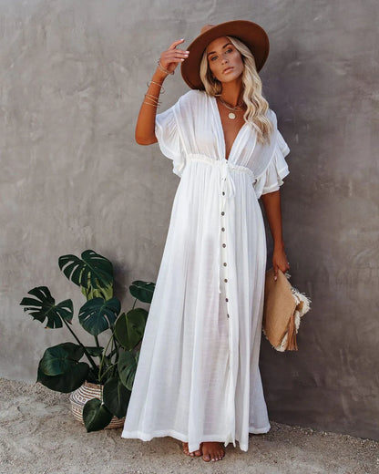 Sexy  Deep V Neck  Maxi  Women  Backless  White Cotton  Summer  Ruffles  2024  Casual  Beach  Bikini Cover Up  Boho Dress