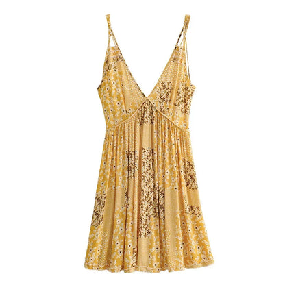 Sexy  Deep V Neck  Sleeveless  Mini  Beach  Yellow  Cotton  Floral Print  Summer  Backless  Play Boho Dress