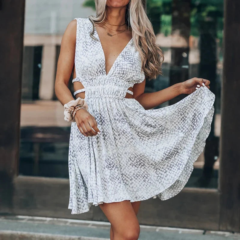 Sexy  Deep V-neck  Mini  Robe  Hollow Waist  Sleeveless  Short  Summer  Beach Print Boho Dress