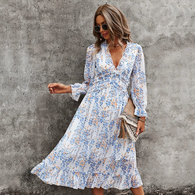 Sexy  Floral Print  Deep V Neck  Long  Chiffon  Ruffle  Butterfly Sleeve  Spring  Holiday  Mid-calf  Vestidos  Boho Dress