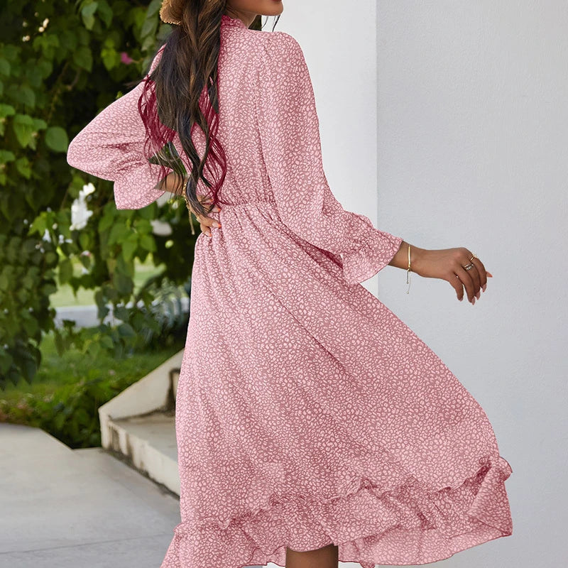 Sexy  Floral Print  Deep V Neck  Long  Chiffon  Ruffle  Butterfly Sleeve  Spring  Holiday  Mid-calf  Vestidos  Boho Dress