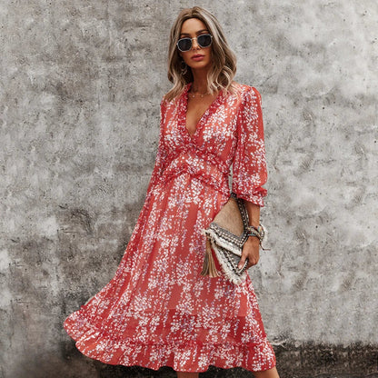 Sexy  Floral Print  Deep V Neck  Long  Chiffon  Ruffle  Butterfly Sleeve  Spring  Holiday  Mid-calf  Vestidos  Boho Dress