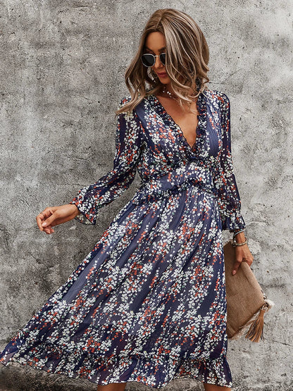 Sexy  Floral Print  Deep V Neck  Long  Chiffon  Ruffle  Butterfly Sleeve  Spring  Holiday  Mid-calf  Vestidos  Boho Dress