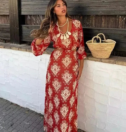 Sexy  Hollow Out  Backless  Maxi  Women  Long Sleeve  Chiffon Print  Beach  Summer  Casual  Long  Vestidos Boho Dress