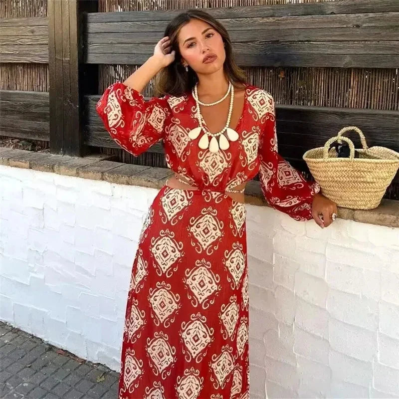 Sexy  Hollow Out  Backless  Maxi  Women  Long Sleeve  Chiffon Print  Beach  Summer  Casual  Long  Vestidos Boho Dress