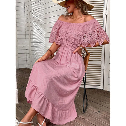 Sexy  Off Shoulder  Floral Lace  Women  Robe  Casual  Short Sleeve  Elastic Waist  Elegant  Ladies  Vestidos Boho Dress