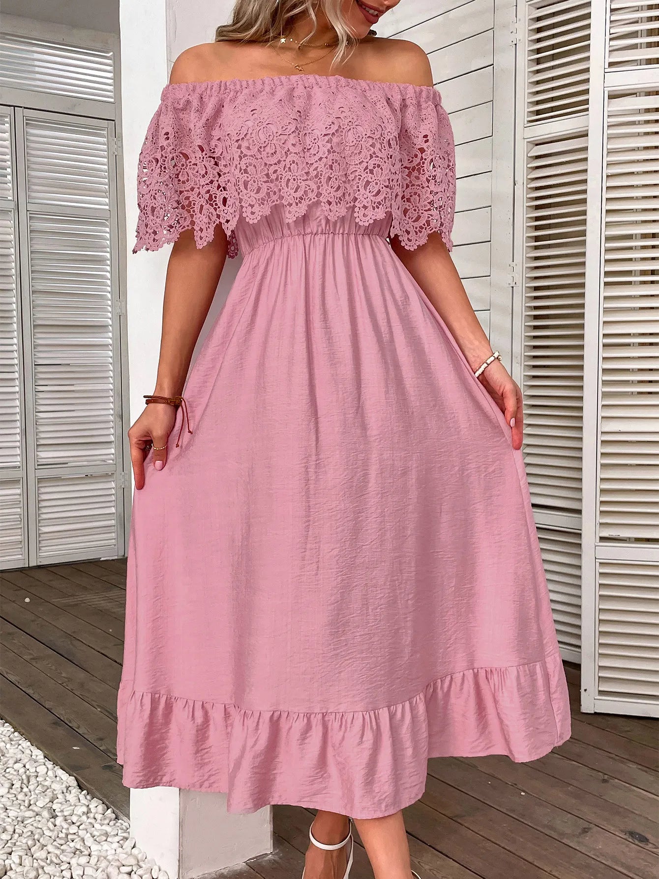 Sexy  Off Shoulder  Floral Lace  Women  Robe  Casual  Short Sleeve  Elastic Waist  Elegant  Ladies  Vestidos Boho Dress