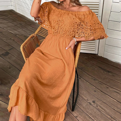 Sexy  Off Shoulder  Floral Lace  Women  Robe  Casual  Short Sleeve  Elastic Waist  Elegant  Ladies  Vestidos Boho Dress