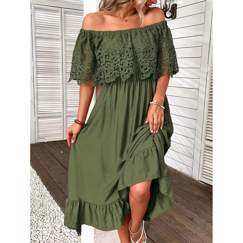 Sexy  Off Shoulder  Floral Lace  Women  Robe  Casual  Short Sleeve  Elastic Waist  Elegant  Ladies  Vestidos Boho Dress