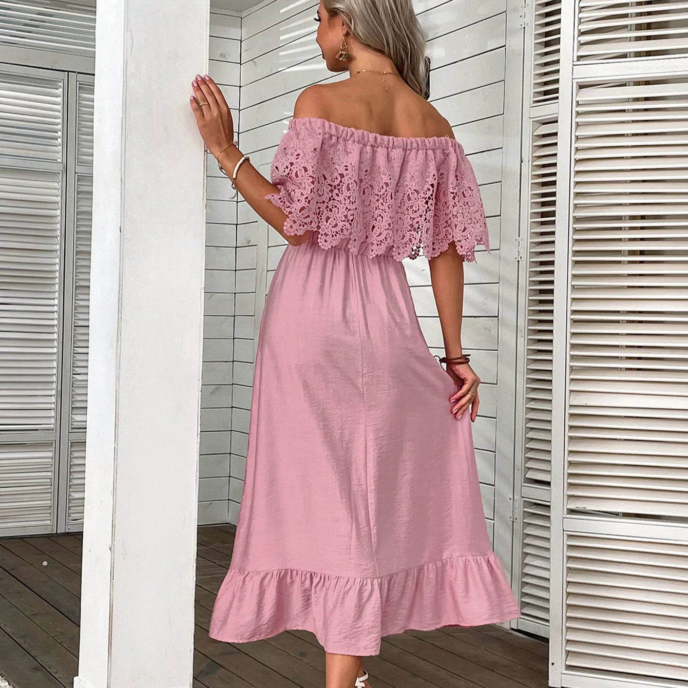 Sexy  Off Shoulder  Floral Lace  Women  Robe  Casual  Short Sleeve  Elastic Waist  Elegant  Ladies  Vestidos Boho Dress