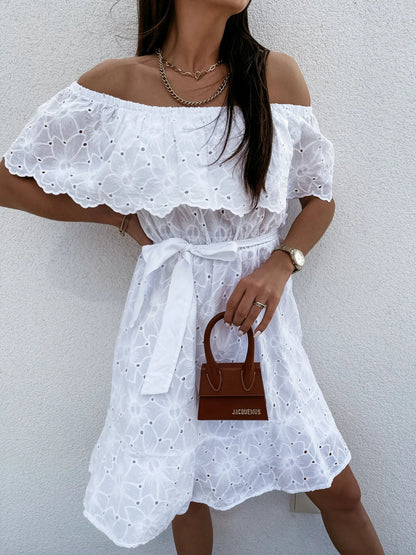 Sexy  Off Shoulder  Mini  White  Floral Embroidery  Lace  Casual  Short  Beach Wear  Party Boho Dress