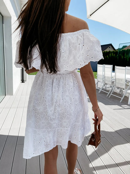 Sexy  Off Shoulder  Mini  White  Floral Embroidery  Lace  Casual  Short  Beach Wear  Party Boho Dress