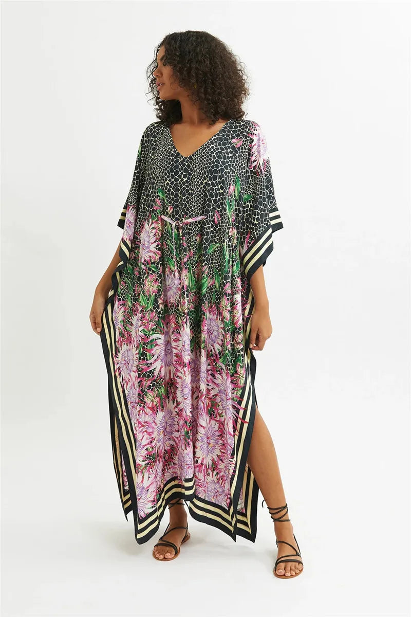 Sexy  V-neck  Side Slit  Beach  Summer  Drawstring Waist  Loose  Maxi Boho Dress