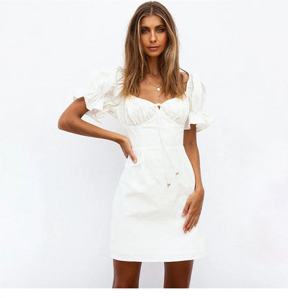 Sheath  Mini  Women  White Cotton  Elegant  Puff Sleeve  Summer  Square Collar  Bohemian  Short Dress  Vestidos Boho Dress