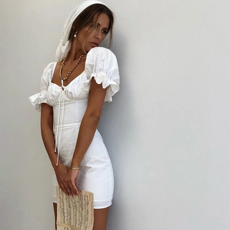 Sheath  Mini  Women  White Cotton  Elegant  Puff Sleeve  Summer  Square Collar  Bohemian  Short Dress  Vestidos Boho Dress