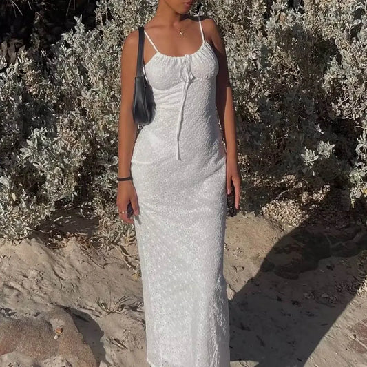 Vintage  Cotton White Embroidery  Strap  Lace  Women  Sexy  See through  Sleeveless  Beach  Summer  Vestidos Boho Dress