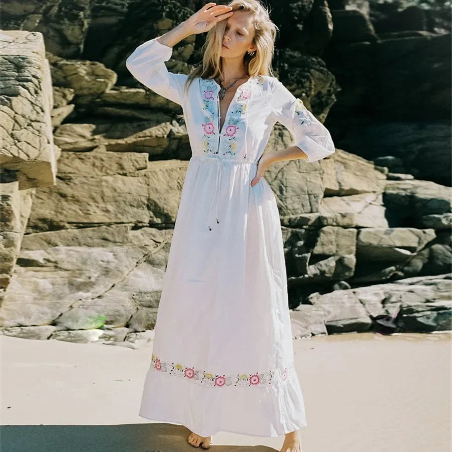 White Cotton Embroidery Maxi Women Vintage Long Sleeve O Neck Drawstring Waist Beach Autumn Spring Vestidos Boho Dress