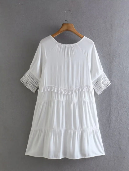 White  Short Sleeve  Lace  Women  Robe  Casual  Lace Up  Tassel  O-neck  Mini  Summer  Beach Wear  Vestidos Boho Dress