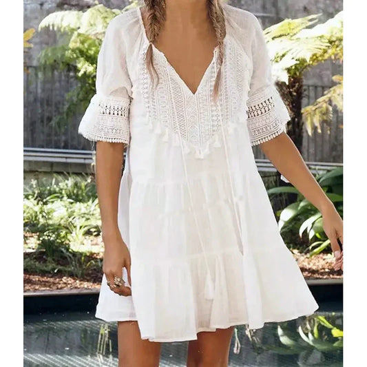 White  Short Sleeve  Lace  Women  Robe  Casual  Lace Up  Tassel  O-neck  Mini  Summer  Beach Wear  Vestidos Boho Dress