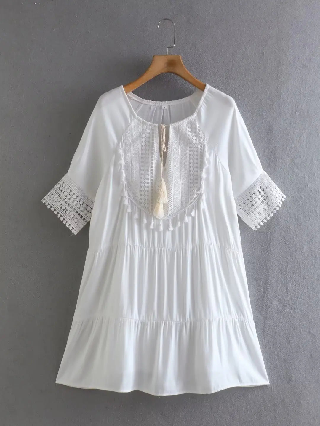 White  Short Sleeve  Lace  Women  Robe  Casual  Lace Up  Tassel  O-neck  Mini  Summer  Beach Wear  Vestidos Boho Dress