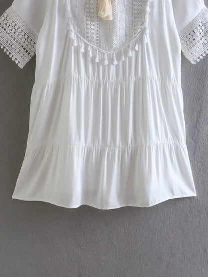 White  Short Sleeve  Lace  Women  Robe  Casual  Lace Up  Tassel  O-neck  Mini  Summer  Beach Wear  Vestidos Boho Dress