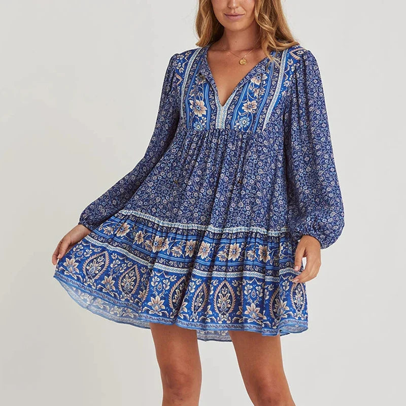 Blue Cotton  Floral Print  Tunic  Mini  Women  Long Sleeve  Robe  Autumn  Short  Femme  Vintage  Loose  Vestidos Boho Dress