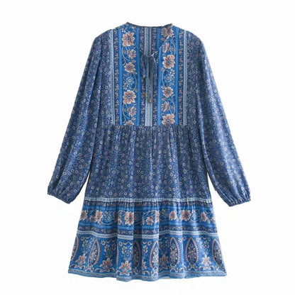 Blue Cotton  Floral Print  Tunic  Mini  Women  Long Sleeve  Robe  Autumn  Short  Femme  Vintage  Loose  Vestidos Boho Dress