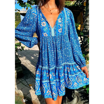 Blue Cotton  Floral Print  Tunic  Mini  Women  Long Sleeve  Robe  Autumn  Short  Femme  Vintage  Loose  Vestidos Boho Dress